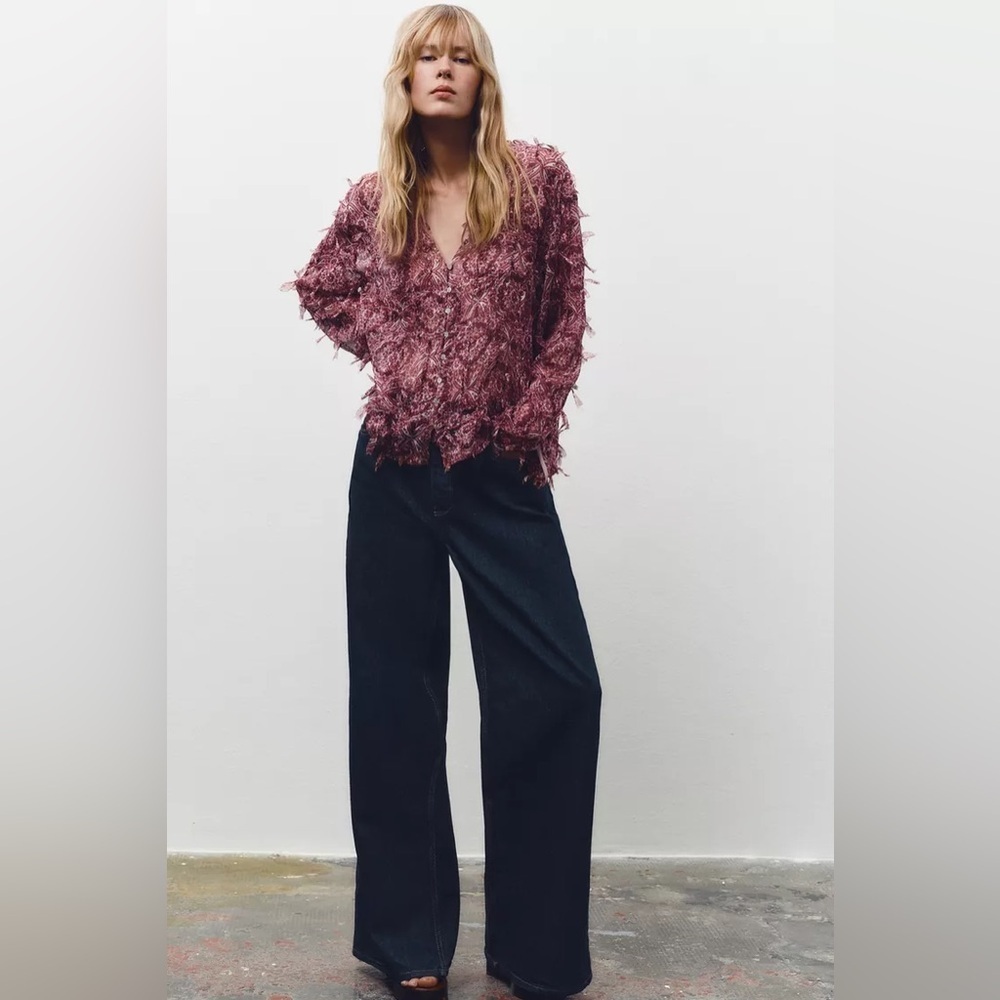 Zara Burgundy Patterned Blouse Fringed Paisley Button-Up Blouse